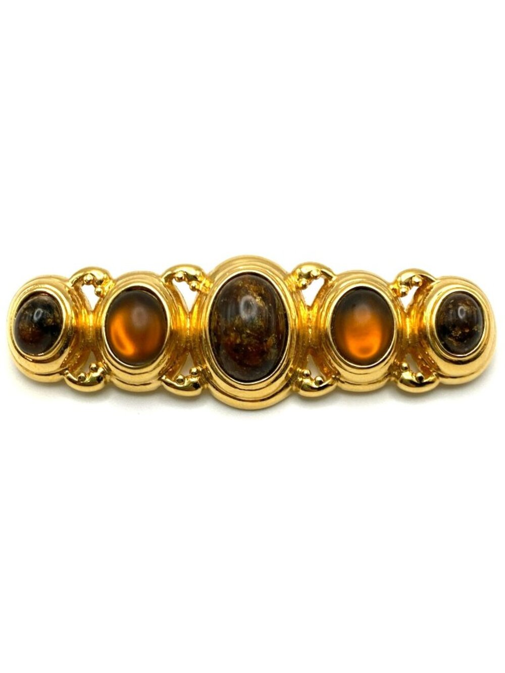 Vintage Monet Brooch Pin Gold Tone Bar Shape Glass Cabochons MARKED!